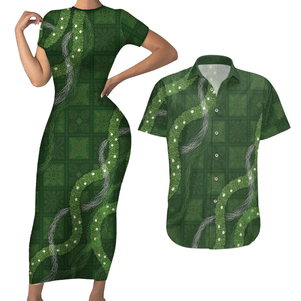 Hawaiian Quilt Couples Matching Short Sleeve Bodycon Dress and Hawaiian Shirt Pele Hair Hinahina Lei Green Version LT05 Green - Polynesian Pride