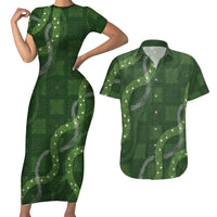 Hawaiian Quilt Couples Matching Short Sleeve Bodycon Dress and Hawaiian Shirt Pele Hair Hinahina Lei Green Version LT05 Green - Polynesian Pride