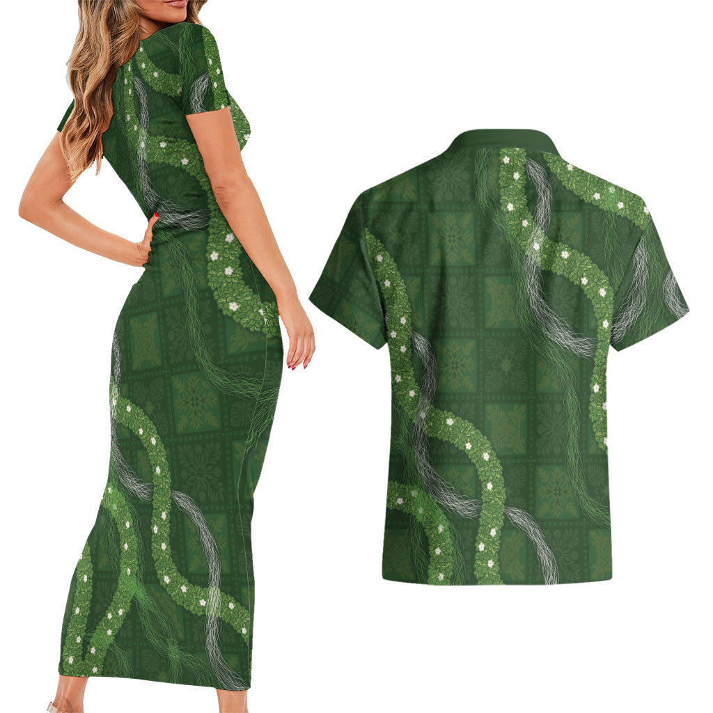 Hawaiian Quilt Couples Matching Short Sleeve Bodycon Dress and Hawaiian Shirt Pele Hair Hinahina Lei Green Version LT05 - Polynesian Pride