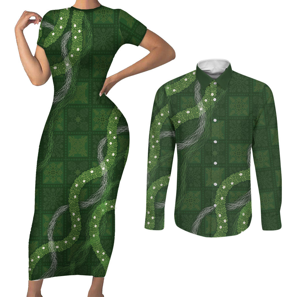 Hawaiian Quilt Couples Matching Short Sleeve Bodycon Dress and Long Sleeve Button Shirt Pele Hair Hinahina Lei Green Version