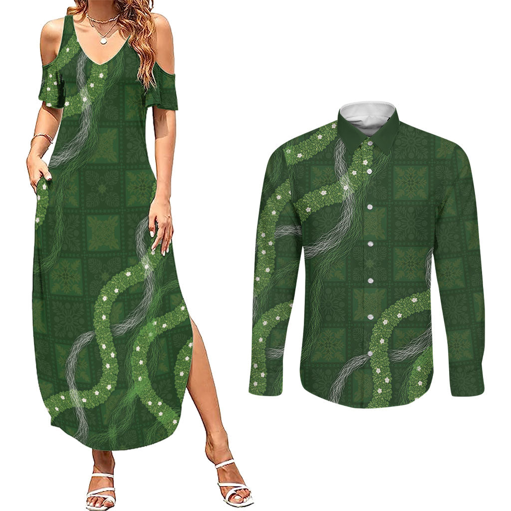 Hawaiian Quilt Couples Matching Summer Maxi Dress and Long Sleeve Button Shirt Pele Hair Hinahina Lei Green Version LT05 Green - Polynesian Pride