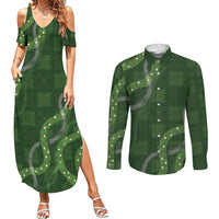 Hawaiian Quilt Couples Matching Summer Maxi Dress and Long Sleeve Button Shirt Pele Hair Hinahina Lei Green Version LT05 Green - Polynesian Pride