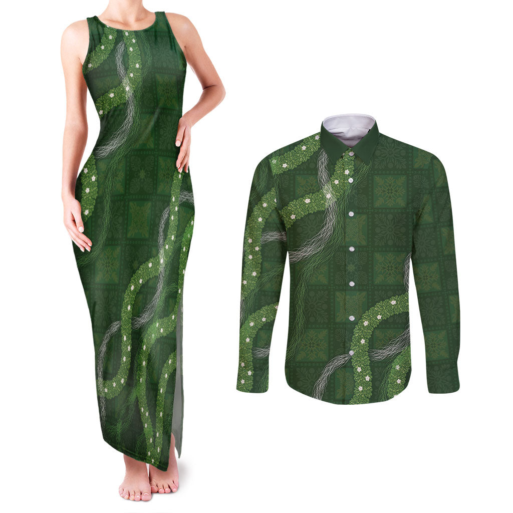 Hawaiian Quilt Couples Matching Tank Maxi Dress and Long Sleeve Button Shirt Pele Hair Hinahina Lei Green Version LT05 Green - Polynesian Pride