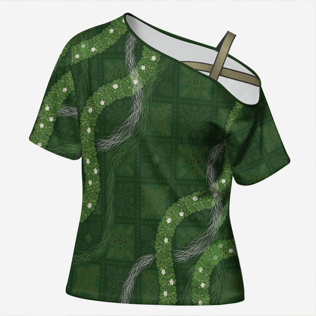 Hawaiian Quilt Cross Shoulder Shirt Pele Hair Hinahina Lei Green Version LT05 Female Green - Polynesian Pride