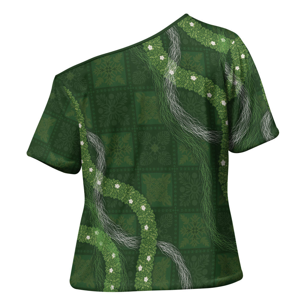 Hawaiian Quilt Cross Shoulder Shirt Pele Hair Hinahina Lei Green Version