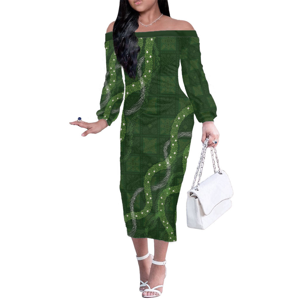 Hawaiian Quilt Family Matching Off The Shoulder Long Sleeve Dress and Hawaiian Shirt Pele Hair Hinahina Lei Green Version LT05 Mom's Dress Green - Polynesian Pride