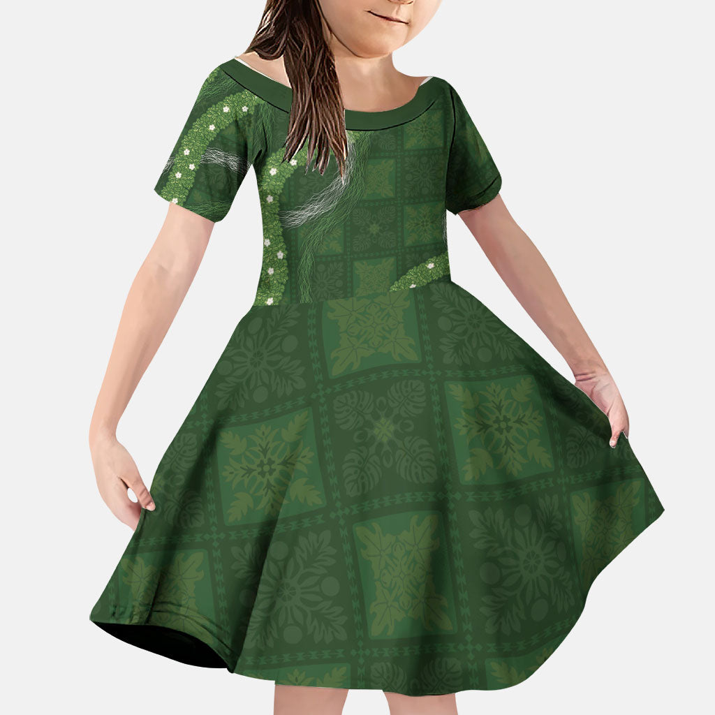 Hawaiian Quilt Family Matching Off Shoulder Maxi Dress and Hawaiian Shirt Pele Hair Hinahina Lei Green Version LT05 Daughter's Dress Green - Polynesian Pride