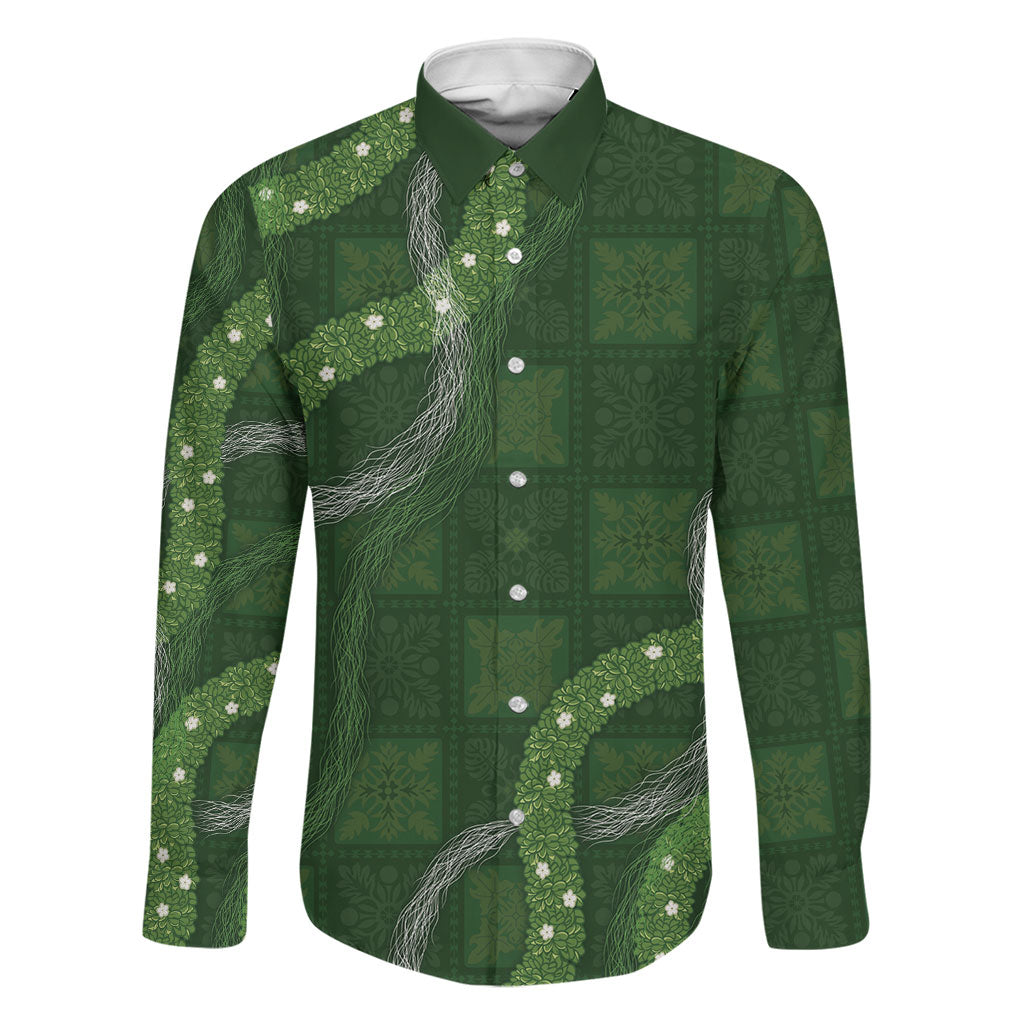 Hawaiian Quilt Family Matching Off Shoulder Maxi Dress and Hawaiian Shirt Pele Hair Hinahina Lei Green Version LT05 Dad's Shirt - Long Sleeve Green - Polynesian Pride