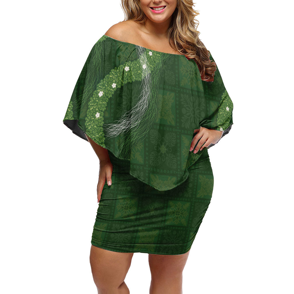 Hawaiian Quilt Family Matching Off Shoulder Short Dress and Hawaiian Shirt Pele Hair Hinahina Lei Green Version LT05 Mom's Dress Green - Polynesian Pride