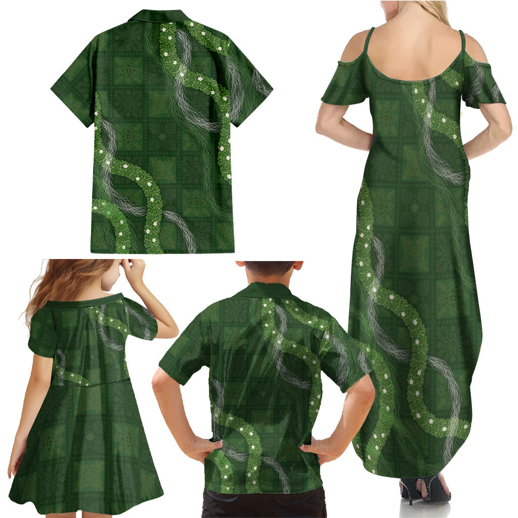 Hawaiian Quilt Family Matching Summer Maxi Dress and Hawaiian Shirt Pele Hair Hinahina Lei Green Version LT05 - Polynesian Pride