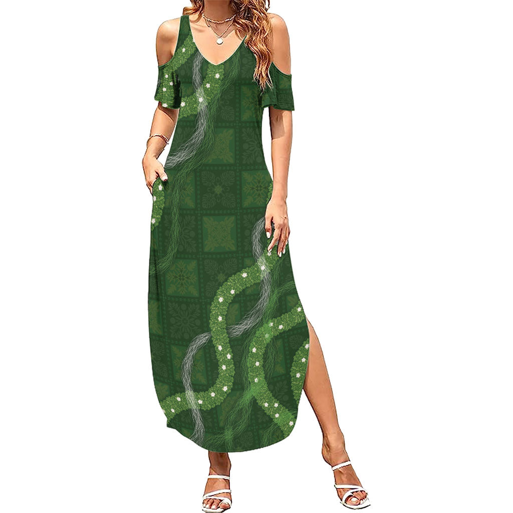 Hawaiian Quilt Family Matching Summer Maxi Dress and Hawaiian Shirt Pele Hair Hinahina Lei Green Version LT05 Mom's Dress Green - Polynesian Pride