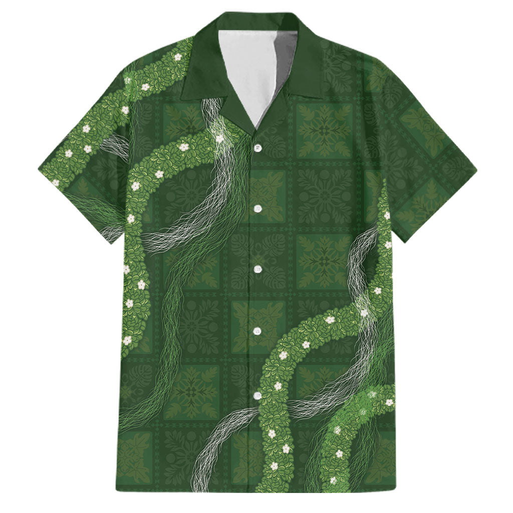 Hawaiian Quilt Family Matching Tank Maxi Dress and Hawaiian Shirt Pele Hair Hinahina Lei Green Version LT05 Dad's Shirt - Short Sleeve Green - Polynesian Pride