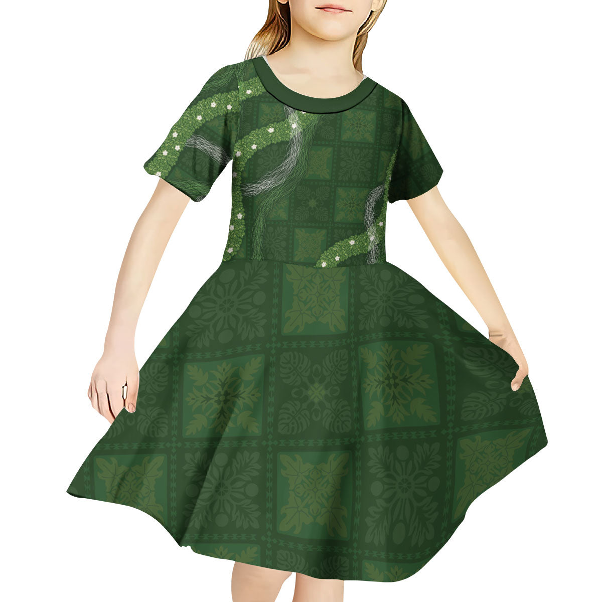 Hawaiian Quilt Kid Short Sleeve Dress Pele Hair Hinahina Lei Green Version LT05 - Polynesian Pride