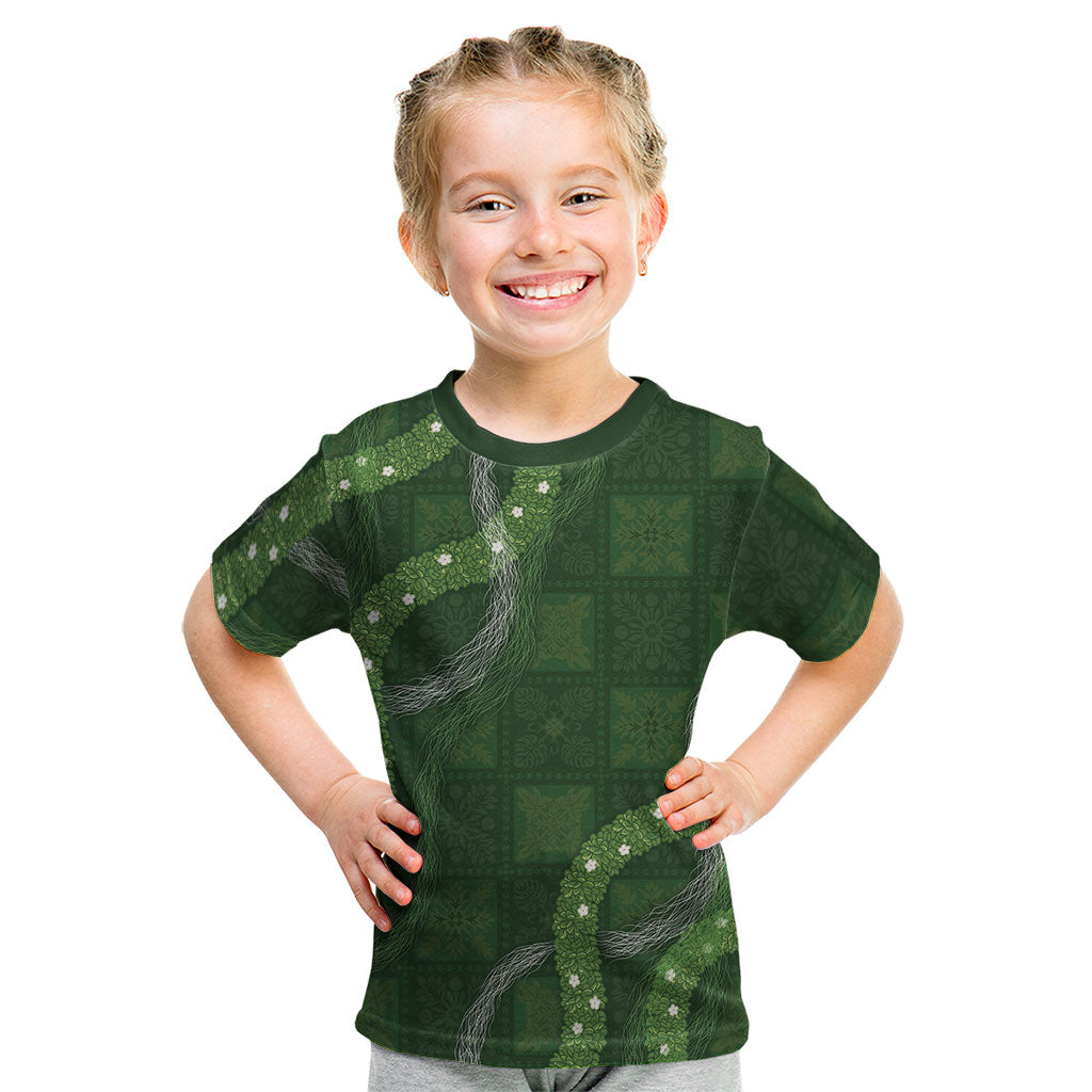 Hawaiian Quilt Kid T Shirt Pele Hair Hinahina Lei Green Version LT05 Green - Polynesian Pride