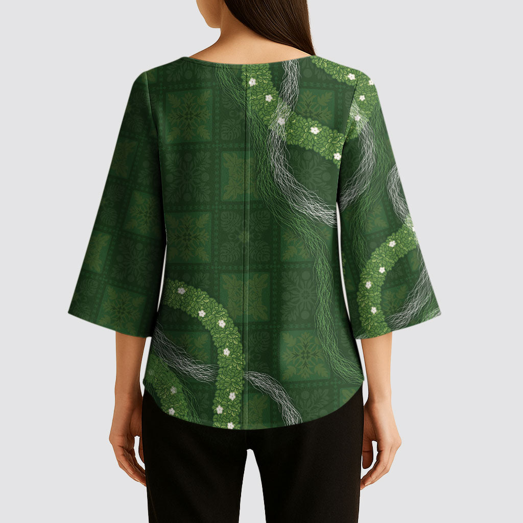 Hawaiian Quilt Kimono Sleeve Blouse Pele Hair Hinahina Lei Green Version