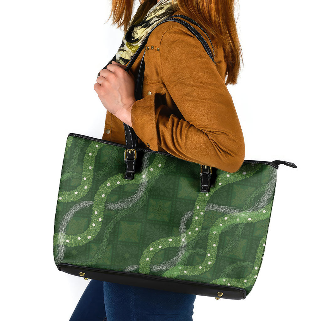 Hawaiian Quilt Leather Tote Bag Pele Hair Hinahina Lei Green Version LT05 Green - Polynesian Pride