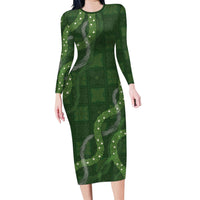 Hawaiian Quilt Long Sleeve Bodycon Dress Pele Hair Hinahina Lei Green Version LT05 Long Dress Green - Polynesian Pride