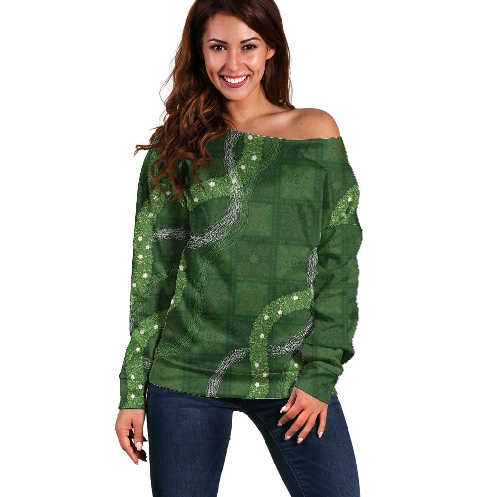 Hawaiian Quilt Off Shoulder Sweater Pele Hair Hinahina Lei Green Version LT05 Women Green - Polynesian Pride
