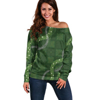 Hawaiian Quilt Off Shoulder Sweater Pele Hair Hinahina Lei Green Version LT05 Women Green - Polynesian Pride