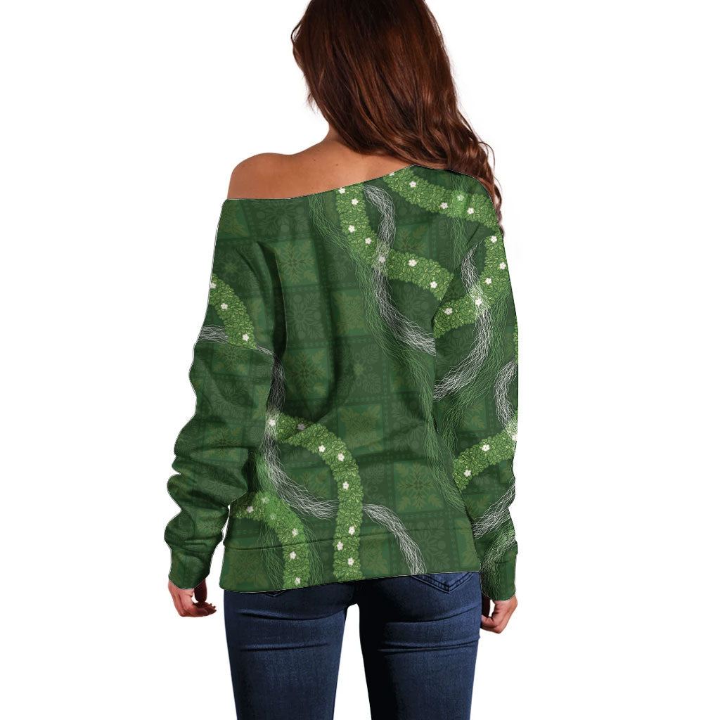Hawaiian Quilt Off Shoulder Sweater Pele Hair Hinahina Lei Green Version LT05 - Polynesian Pride