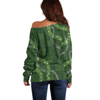 Hawaiian Quilt Off Shoulder Sweater Pele Hair Hinahina Lei Green Version LT05 - Polynesian Pride