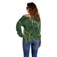 Hawaiian Quilt Off Shoulder Sweater Pele Hair Hinahina Lei Green Version LT05 - Polynesian Pride