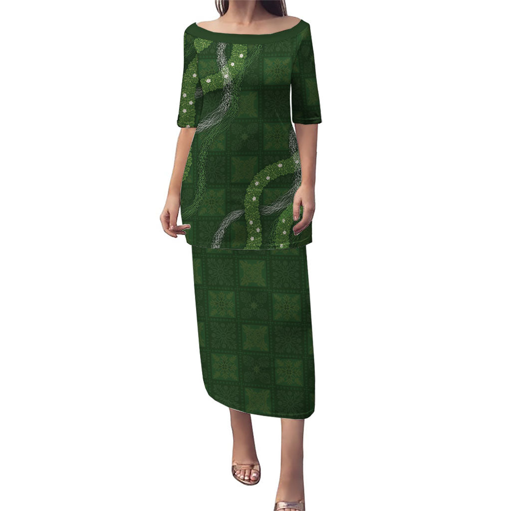 Hawaiian Quilt Puletasi Pele Hair Hinahina Lei Green Version LT05 Long Dress Green - Polynesian Pride