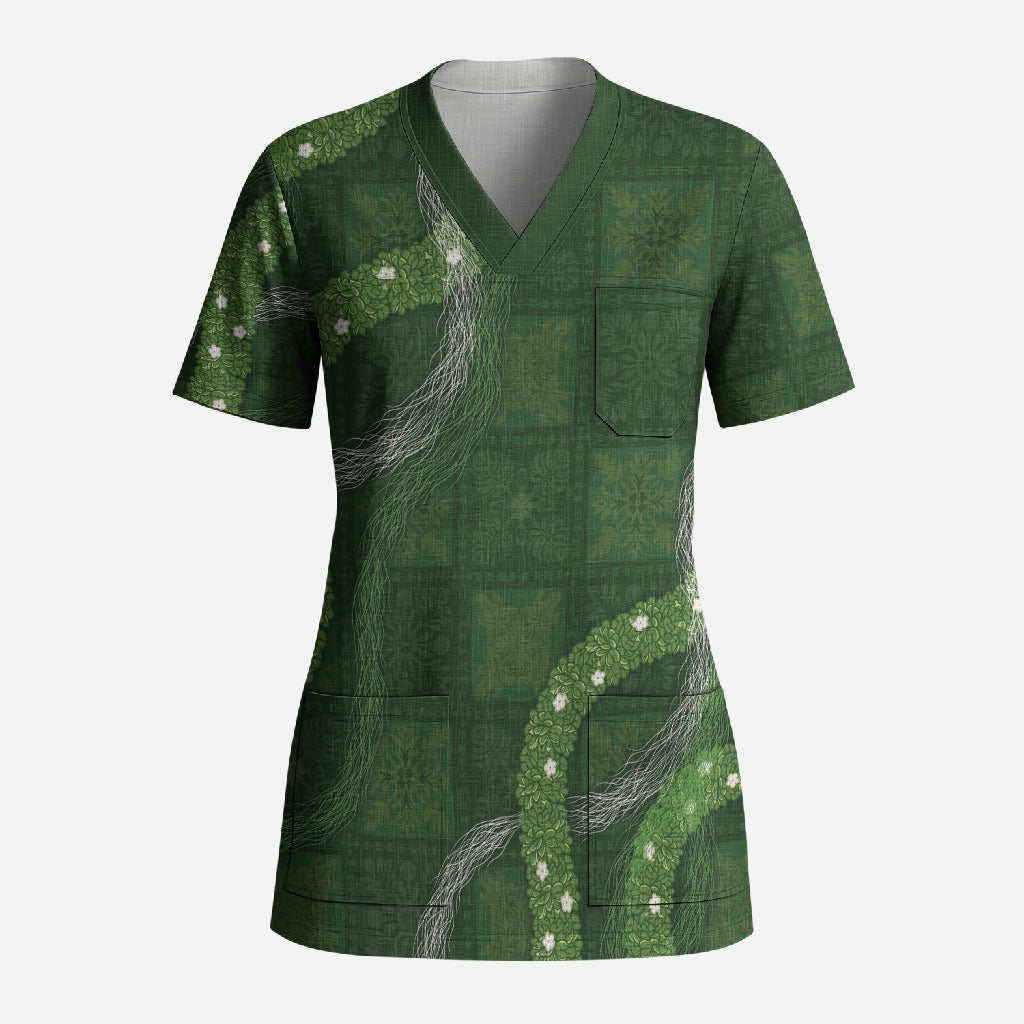 Hawaiian Quilt Scrub Top Pele Hair Hinahina Lei Green Version LT05 Adult Green - Polynesian Pride