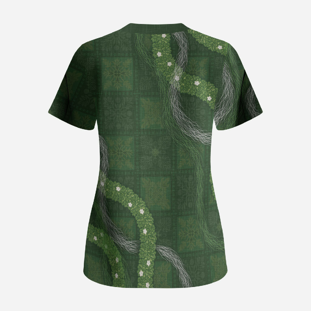 Hawaiian Quilt Scrub Top Pele Hair Hinahina Lei Green Version LT05 - Polynesian Pride