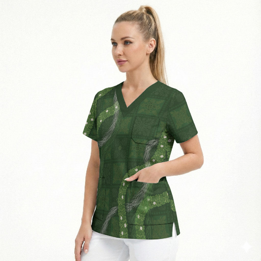 Hawaiian Quilt Scrub Top Pele Hair Hinahina Lei Green Version LT05 - Polynesian Pride