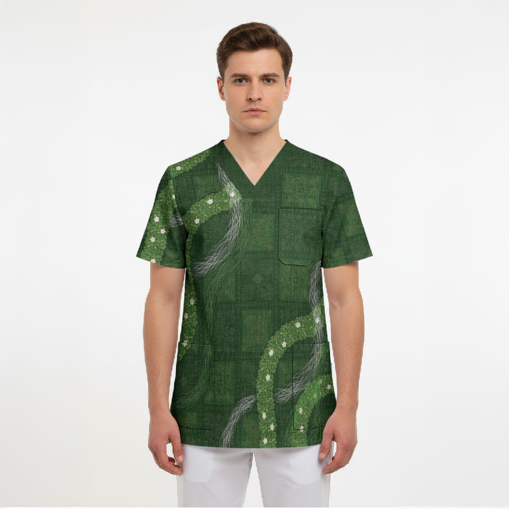 Hawaiian Quilt Scrub Top Pele Hair Hinahina Lei Green Version LT05 - Polynesian Pride