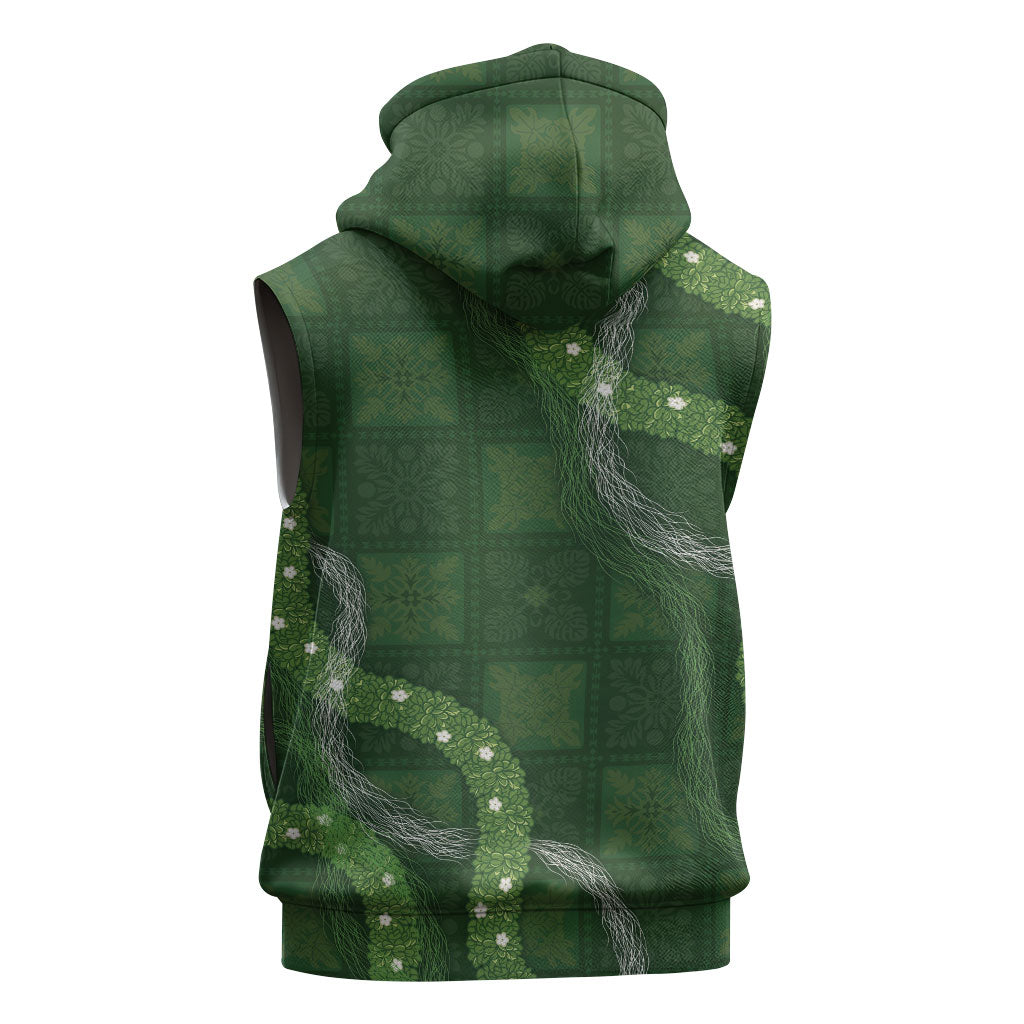 Hawaiian Quilt Sleeveless Hoodie Pele Hair Hinahina Lei Green Version LT05 - Polynesian Pride