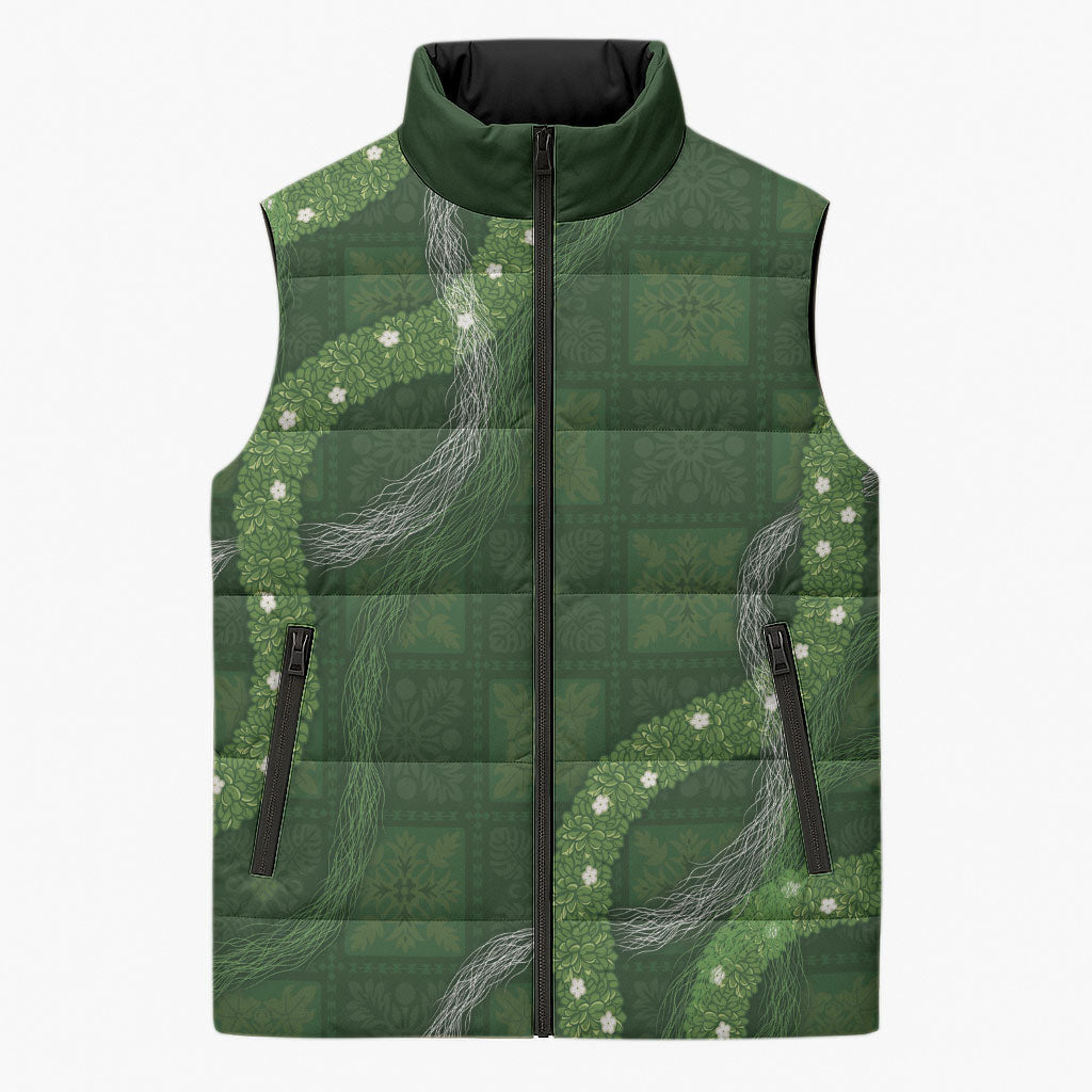 Hawaiian Quilt Sleeveless Puffer Jacket Pele Hair Hinahina Lei Green Version LT05 Unisex Green - Polynesian Pride