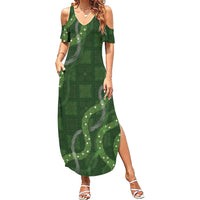 Hawaiian Quilt Summer Maxi Dress Pele Hair Hinahina Lei Green Version
