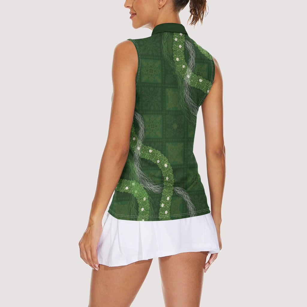 Hawaiian Quilt Women Sleeveless Polo Shirt Pele Hair Hinahina Lei Green Version LT05 - Polynesian Pride