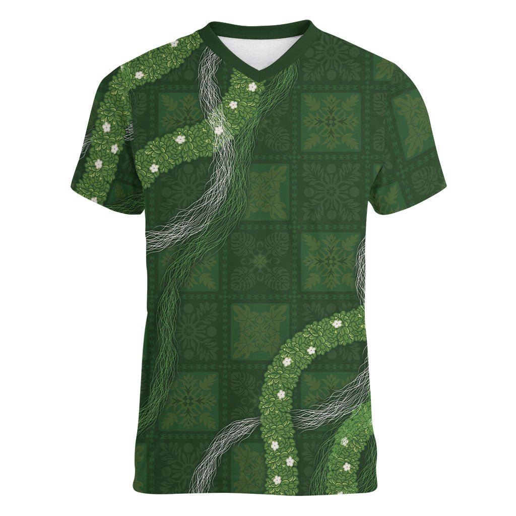 Hawaiian Quilt Women V-Neck T-Shirt Pele Hair Hinahina Lei Green Version LT05 Female Green - Polynesian Pride