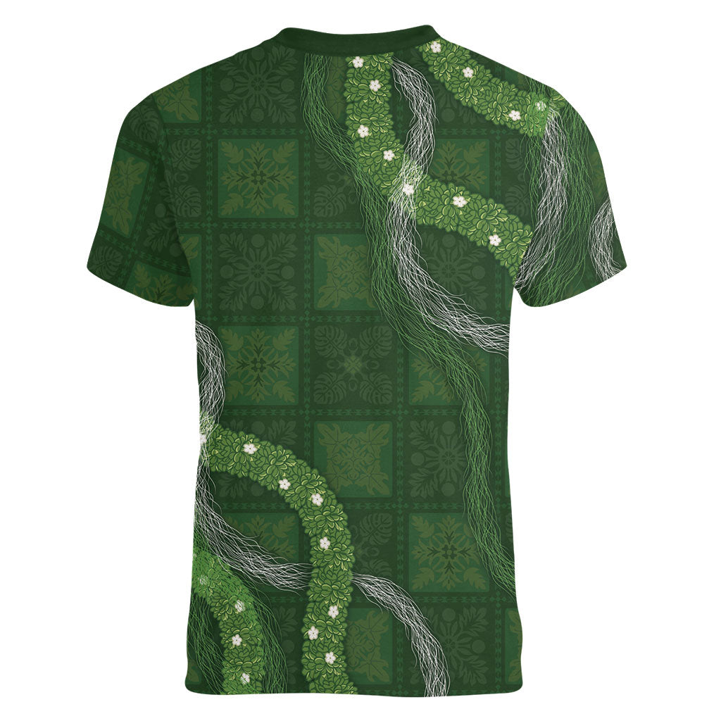 Hawaiian Quilt Women V-Neck T-Shirt Pele Hair Hinahina Lei Green Version LT05 - Polynesian Pride