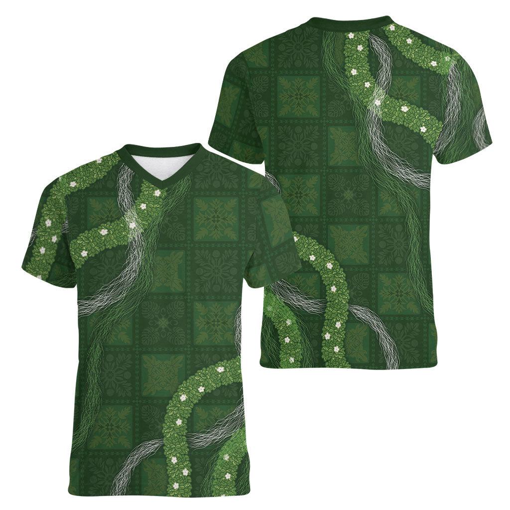 Hawaiian Quilt Women V-Neck T-Shirt Pele Hair Hinahina Lei Green Version LT05 - Polynesian Pride