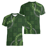 Hawaiian Quilt Women V-Neck T-Shirt Pele Hair Hinahina Lei Green Version LT05 - Polynesian Pride