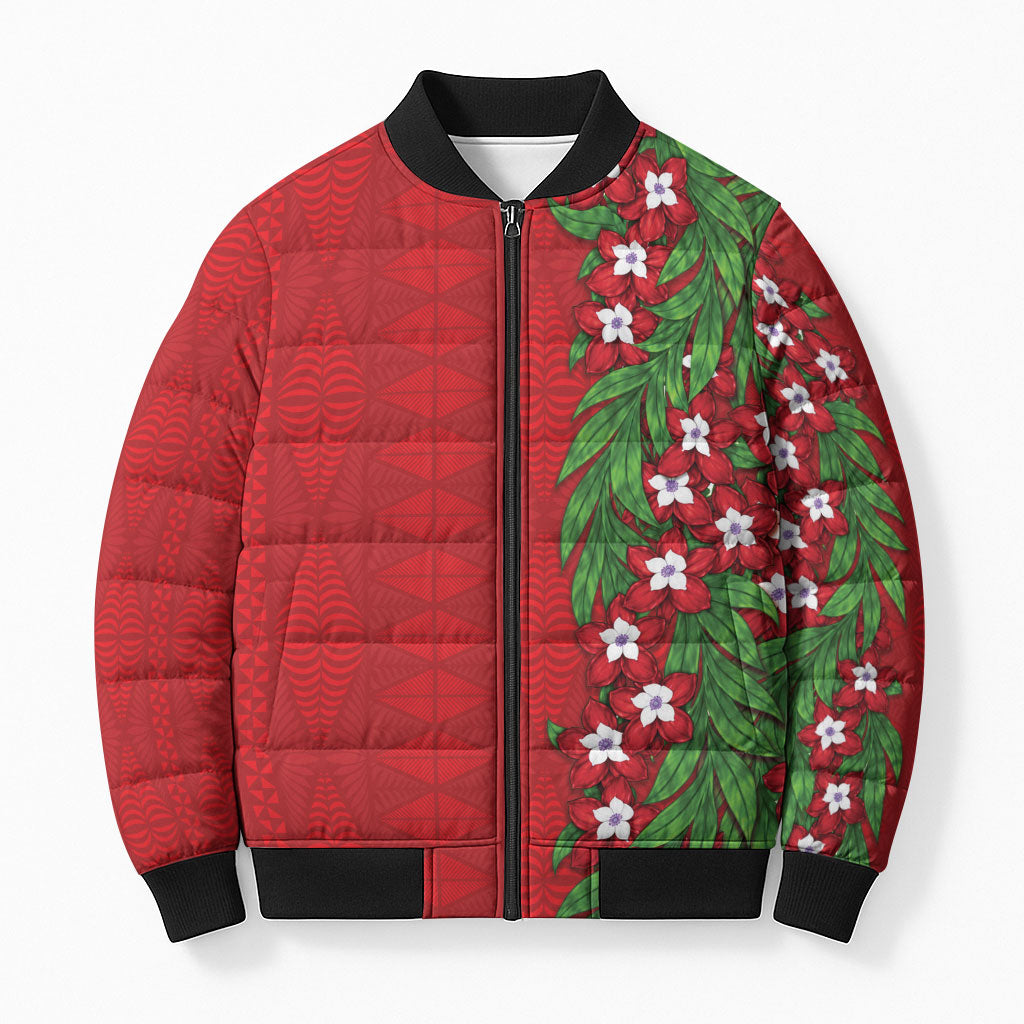 Tonga Language Week Bomber Puffer Jacket Heilala Floral Red