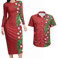 Tonga Language Week Couples Matching Long Sleeve Bodycon Dress and Hawaiian Shirt Heilala Floral Red