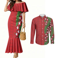 Tonga Language Week Couples Matching Mermaid Dress and Long Sleeve Button Shirt Heilala Floral Red