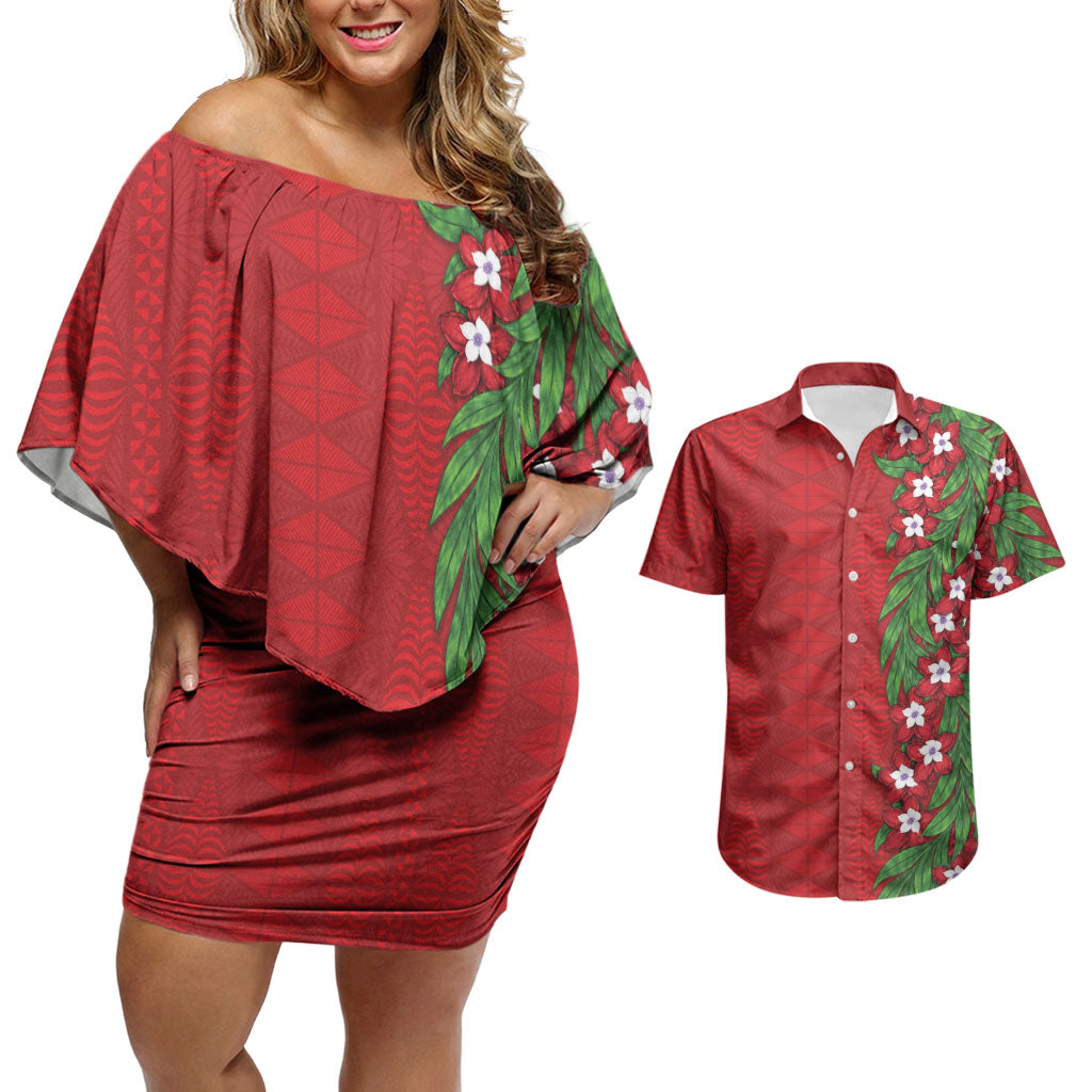 Tonga Language Week Couples Matching Off Shoulder Short Dress and Hawaiian Shirt Heilala Floral Red LT05 Red - Polynesian Pride