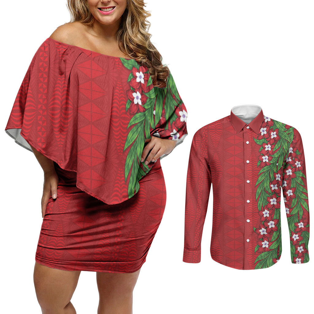 Tonga Language Week Couples Matching Off Shoulder Short Dress and Long Sleeve Button Shirt Heilala Floral Red LT05 Red - Polynesian Pride