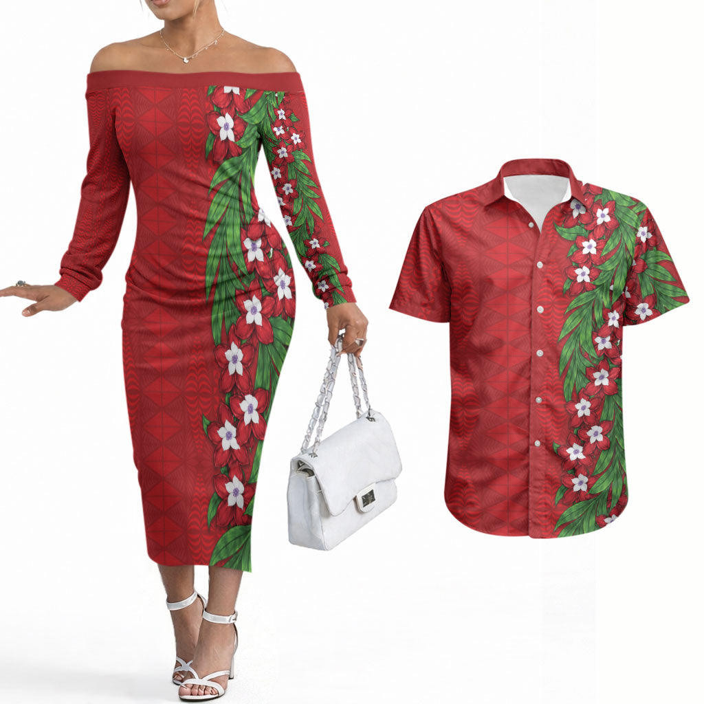 Tonga Language Week Couples Matching Off The Shoulder Long Sleeve Dress and Hawaiian Shirt Heilala Floral Red