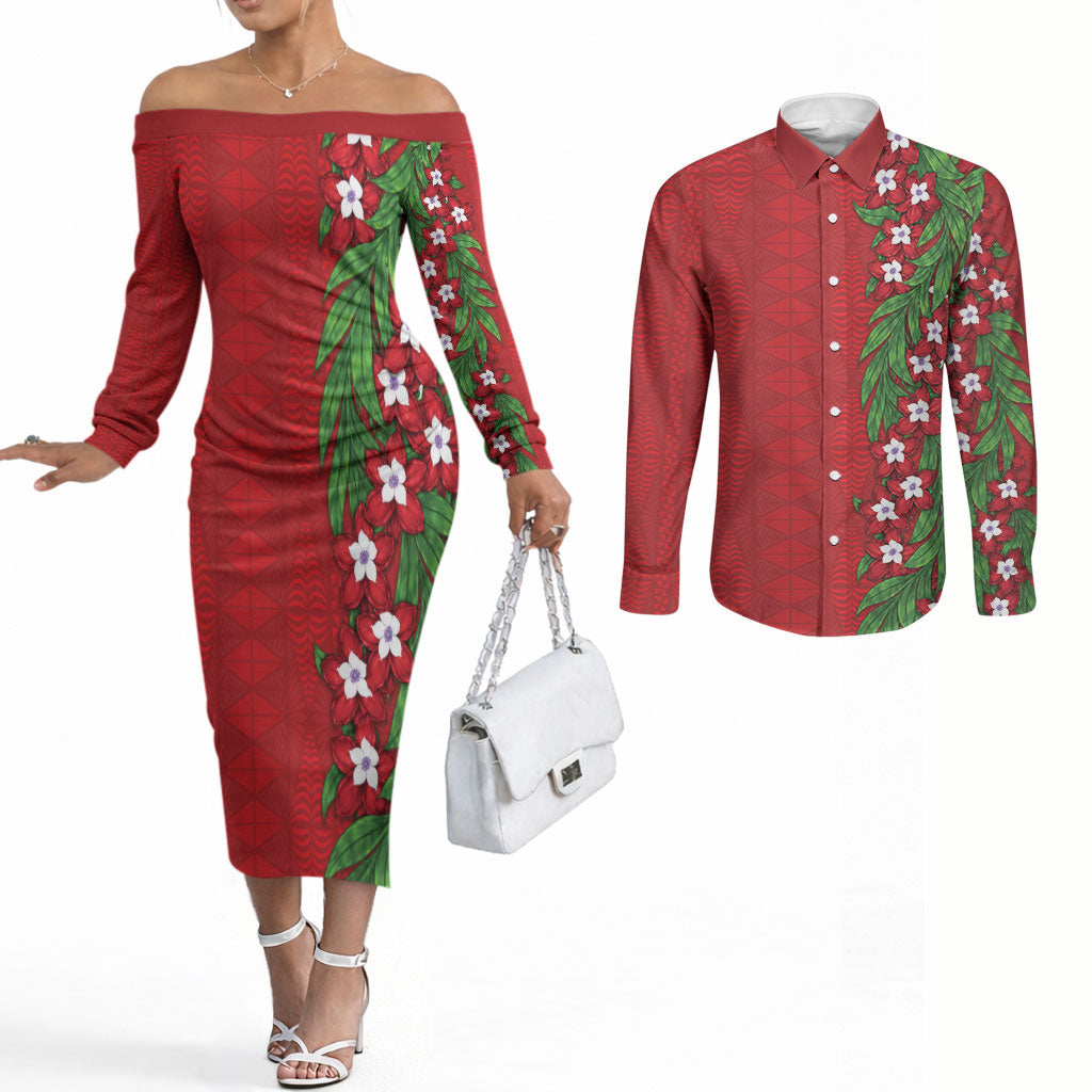 Tonga Language Week Couples Matching Off The Shoulder Long Sleeve Dress and Long Sleeve Button Shirt Heilala Floral Red