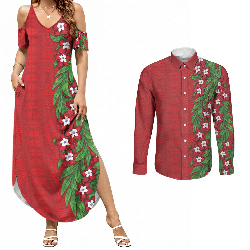 Tonga Language Week Couples Matching Summer Maxi Dress and Long Sleeve Button Shirt Heilala Floral Red