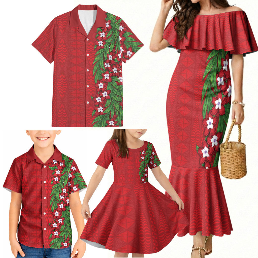Tonga Language Week Family Matching Mermaid Dress and Hawaiian Shirt Heilala Floral Red