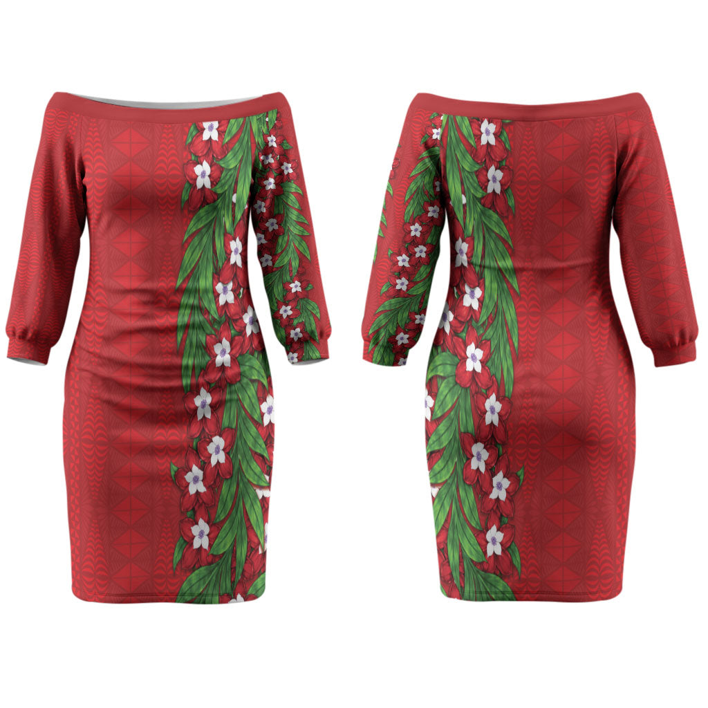 Tonga Language Week Family Matching Off The Shoulder Long Sleeve Dress and Hawaiian Shirt Heilala Floral Red