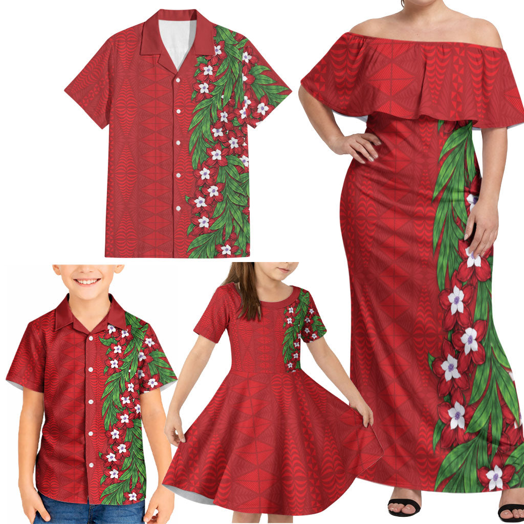 Tonga Language Week Family Matching Off Shoulder Maxi Dress and Hawaiian Shirt Heilala Floral Red